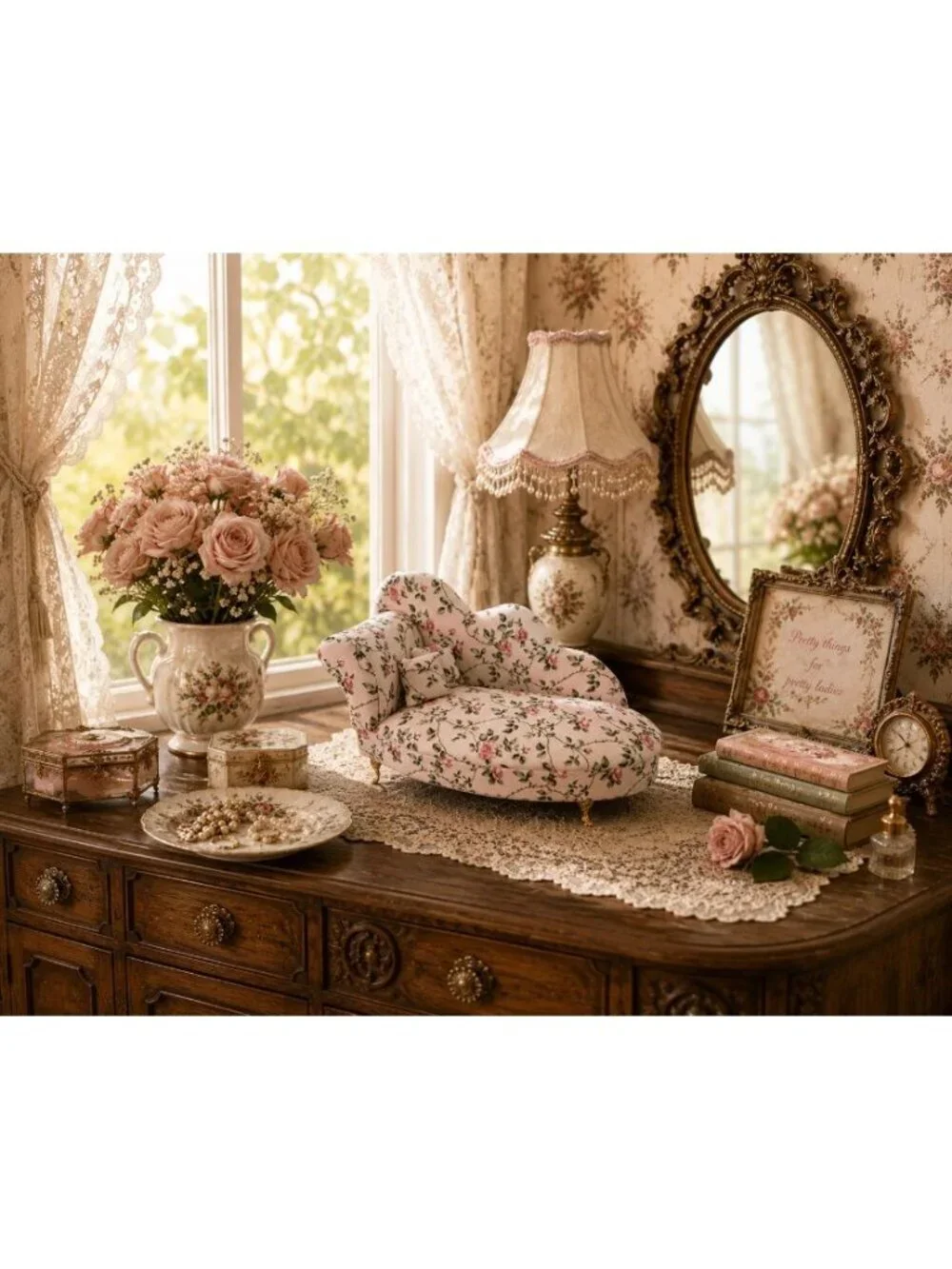 New Pink Roses Victorian Doll Chaise Jewelry Box Organizer Couch Jewelry Box